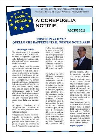 AICCREPUGLIA NOTIZIE AGOSTO 2016